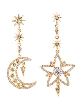 eye candy elara Gold Moon & Star Asymmetrical Drop Earrings with Clear Stones